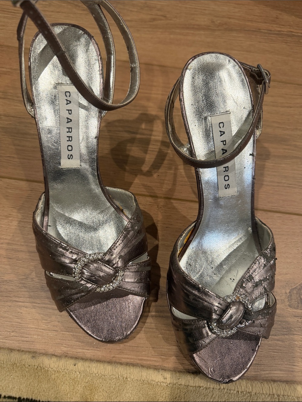 Caparros Pewter Metallic Knotted Ankle-Strap Heels